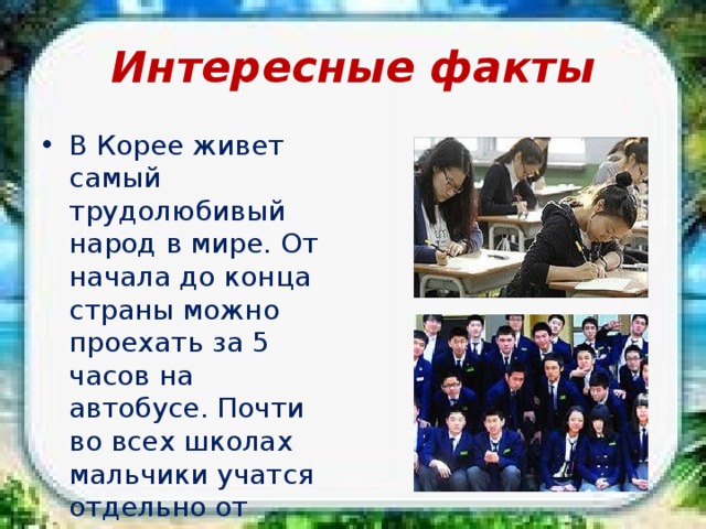 Интересные факты В Корее живет самый трудолюбивый народ в мире. От начала до конца страны можно проехать за 5 часов на автобусе. Почти во всех школах мальчики учатся отдельно от девочек. 