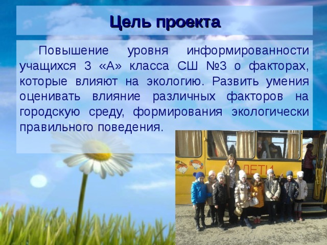 Цель проекта Повышение уровня информированности учащихся 3 «А» класса СШ №3 о факторах, которые влияют на экологию. Развить умения оценивать влияние различных факторов на городскую среду, формирования экологически правильного поведения. 