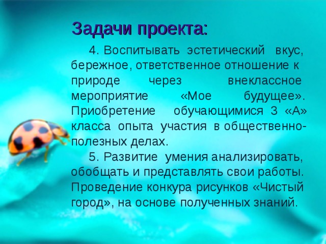 Задачи проекта:  4.  Воспитывать эстетический вкус, бережное, ответственное отношение к природе через внеклассное мероприятие «Мое будущее». Приобретение обучающимися 3 «А» класса опыта участия в общественно-полезных делах.  5.  Развитие умения анализировать, обобщать и представлять свои работы. Проведение конкура рисунков «Чистый город», на основе полученных знаний.   