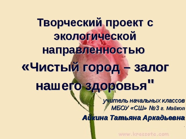 Творческий проект с экологической направленностью  « Чистый город – залог нашего здоровья 
