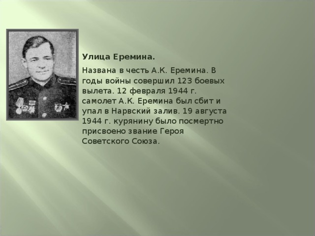 Улица Еремина. Названа в честь А.К. Еремина. В годы войны совершил 123 боевых вылета. 12 февраля 1944 г. самолет А.К. Еремина был сбит и упал в Нарвский залив. 19 августа 1944 г. курянину было посмертно присвоено звание Героя Советского Союза. 