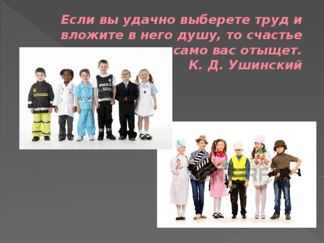  Если вы удачно выберете труд и вложите в него душу, то счастье само вас отыщет.  К. Д. Ушинский 