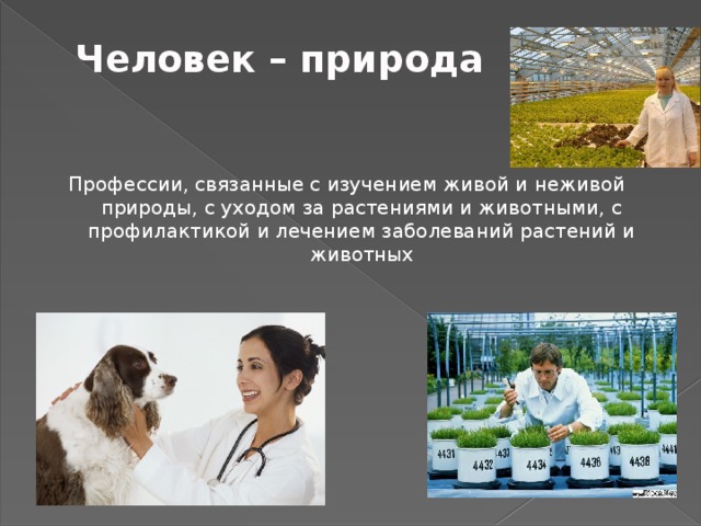 Человек – природа   Профессии, связанные с изучением живой и неживой природы, с уходом за растениями и животными, с профилактикой и лечением заболеваний растений и животных 