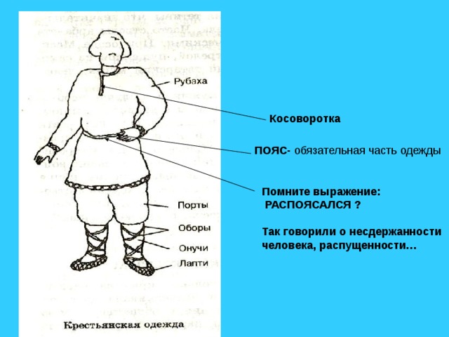 Косоворотка ПОЯС- обязательная часть одежды Помните выражение:  РАСПОЯСАЛСЯ ?  Так говорили о несдержанности человека, распущенности… 