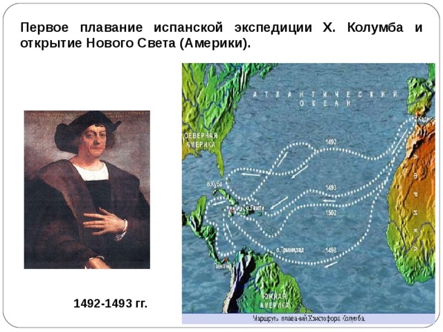 Первое плавание испанской экспедиции Х. Колумба и открытие Нового Света (Америки). 1492-1493 гг.  