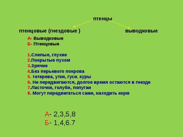  птенцы  птенцовые (гнездовые ) выводковые А - Выводковые Б - Птенцовые  1 .Слепые, глухие 2 .Покрытые пухом 3 .Зрячие 4 .Без перьевого покрова 5. тетерева, утки, гуси. куры 6 . Не передвигаются, долгое время остаются в гнезде 7 .Ласточки, голуби, попугаи 8 . Могут передвигаться сами, находить корм А - 2,3,5,8 Б - 1,4,6.7 