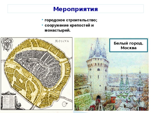 Мероприятия городское строительство; сооружение крепостей и монастырей. Белый город. Москва 