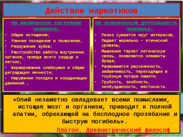 Действие наркотиков На физическое состояние человека: На психическую деятельность человека:  Общее истощение; Резко сужается круг интересов; Падает морально – этический уровень; Мышление теряет логическую связь, появляются элементы бреда; Развиваются рассеянность, забывчивость, переходящие в глубокую потерю памяти; Грубость, злобность, необузданность, жестокость. Раннее поседение и полысение;  Разрушение зубов;  Расстройство работы внутренних органов, прежде всего сердца и легких;  Формирование слабоумия и общая деградация личности;  Нарушение походки и координации движений.; «Опий незаметно овладевает всеми помыслами, истощая мозг и организм, приводит к полной апатии, обрекающей на бесплодное прозябание и быструю погибель».  Платон. Древнегреческий философ 