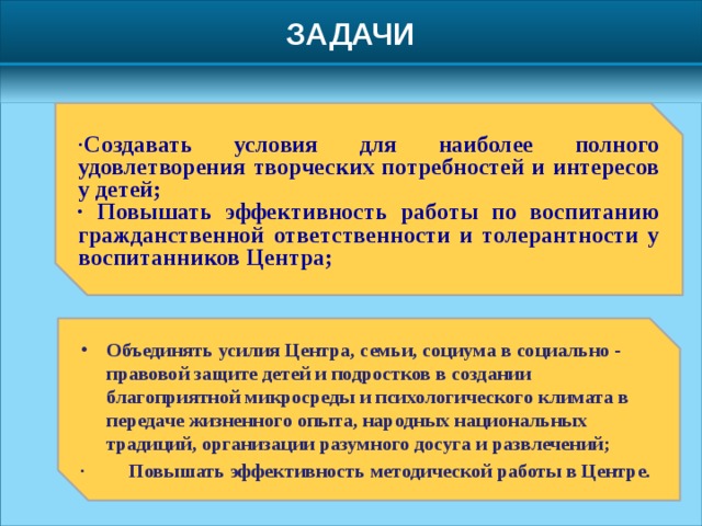 ЗАДАЧИ · Создавать условия для наиболее полного удовлетворения творческих потребностей и интересов у детей; · Повышать эффективность работы по воспитанию гражданственной ответственности и толерантности у воспитанников Центра; Объединять усилия Центра, семьи, социума в социально - правовой защите детей и подростков в создании благоприятной микросреды и психологического климата в передаче жизненного опыта, народных национальных традиций, организации разумного досуга и развлечений; · Повышать эффективность методической работы в Центре. 