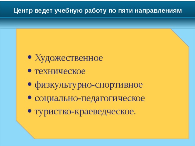 Центр ведет учебную работу по пяти направлениям Художественное техническое физкультурно-спортивное социально-педагогическое туристко-краеведческое. 