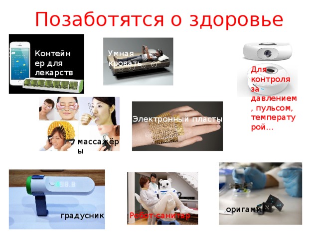 Позаботятся о здоровье Контейнер для лекарств Умная кровать Для контроля за давлением, пульсом, температурой… Электронный пластырь массажёры оригами градусник Робот-санитар 