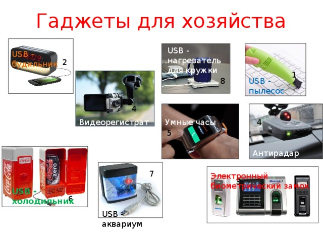 Гаджеты для хозяйства USB - нагреватель для кружки USB - будильник 2 1 USB - пылесос 8 4 4 Видеорегистратор Умные часы 5 Антирадар 7 Электронный биометрический замок 3 USB - холодильник 6 USB - аквариум 