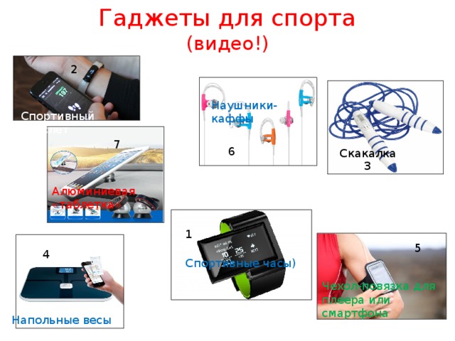 Гаджеты для спорта  (видео!) 2 Наушники-каффы Спортивный браслет 7 6 Скакалка 3 Алюминиевая «таблетка» 1 5 4 Спортивные часы) Чехол-повязка для плеера или смартфона Напольные весы 