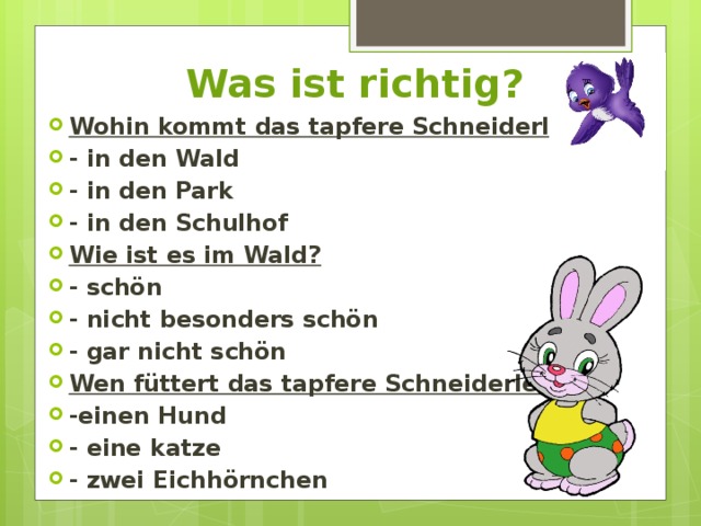 Was ist richtig? Wohin kommt das tapfere Schneiderlein? - in den Wald - in den Park - in den Schulhof Wie ist es im Wald? - schön - nicht besonders schön - gar nicht schön Wen füttert das tapfere Schneiderlein? -einen Hund - eine katze - zwei Eichhörnchen 