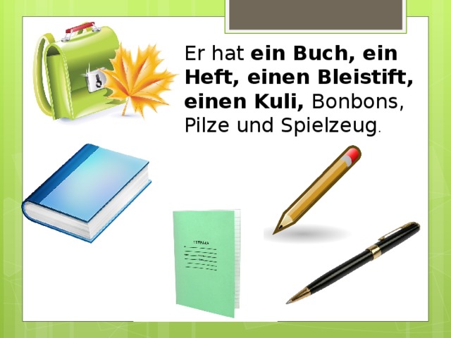 Er hat ein Buch, ein Heft, einen Bleistift, einen Kuli, Bonbons, Pilze und Spielzeug . 