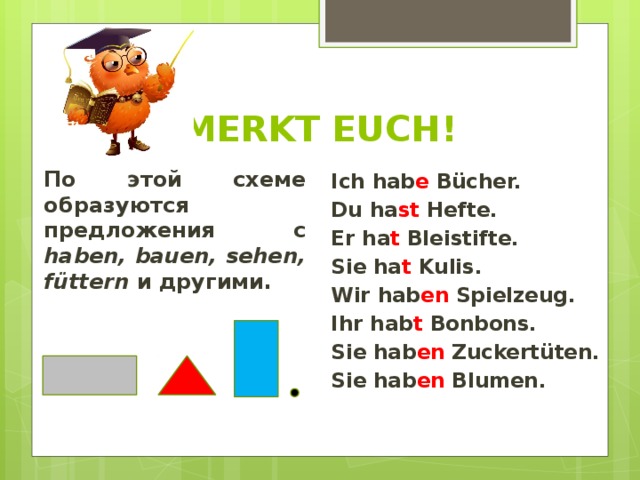 MERKT EUCH! По этой схеме образуются предложения с haben, bauen, sehen, füttern и другими. Ich hab e Bücher. Du ha st Hefte. Er ha t Bleistifte. Sie ha t Kulis. Wir hab en Spielzeug. Ihr hab t Bonbons. Sie hab en Zuckertüten. Sie hab en Blumen. 