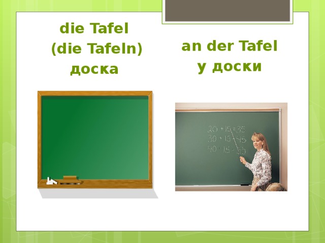 die Tafel  an der Tafel (die Tafeln)  у доски доска 