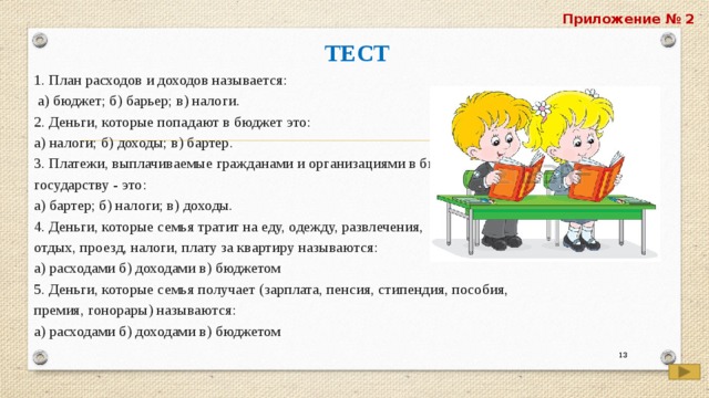 Приложение № 2 ТЕСТ  1. План расходов и доходов называется:  а) бюджет; б) барьер; в) налоги. 2. Деньги, которые попадают в бюджет это: а) налоги; б) доходы; в) бартер. 3. Платежи, выплачиваемые гражданами и организациями в бюджет государству - это: а) бартер; б) налоги; в) доходы. 4. Деньги, которые семья тратит на еду, одежду, развлечения, отдых, проезд, налоги, плату за квартиру называются: а) расходами б) доходами в) бюджетом 5. Деньги, которые семья получает (зарплата, пенсия, стипендия, пособия, премия, гонорары) называются: а) расходами б) доходами в) бюджетом    