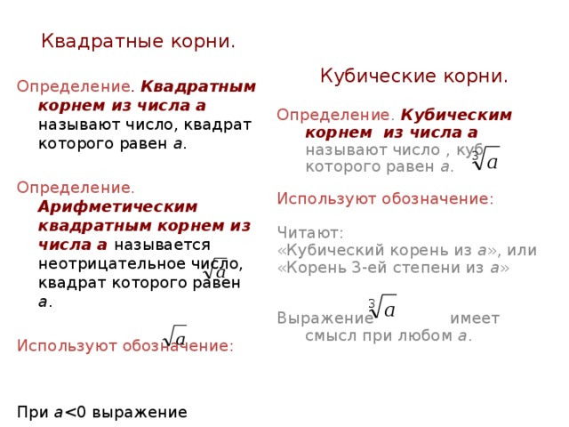 Квадратные корни. Определение . Квадратным корнем из числа а называют число, квадрат которого равен а . Определение.  Арифметическим квадратным корнем из числа а называется неотрицательное число, квадрат которого равен а . Используют обозначение: При а Кубические корни. Определение . Кубическим корнем  из числа а называют число , куб которого равен а . Используют обозначение: Читают: «Кубический корень из а », или «Корень 3-ей степени из а » Выражение имеет смысл при любом а . 