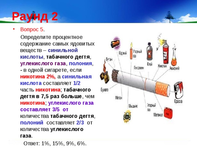 Раунд 2 Вопрос 5 .  Определите процентное содержание самых ядовитых веществ – синильной кислоты , табачного дегтя , углекислого газа ,  полония , - в одной сигарете, если никотина 2%, а синильная кислота составляет 1/2 часть никотина ; табачного дегтя в 7,5 раз больше , чем никотина ; углекислого газа составляет 3/5 от количества табачного дегтя , полоний составляет 2/3 от количества углекислого газа .  Ответ: 1%, 15%, 9%, 6%. 