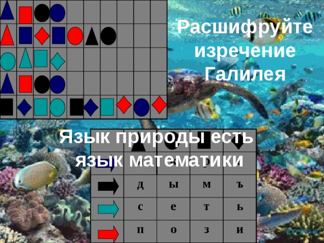 Расшифруйте изречение Галилея Язык природы есть язык математики я к д р ы с а е м п т ъ о ь з и 