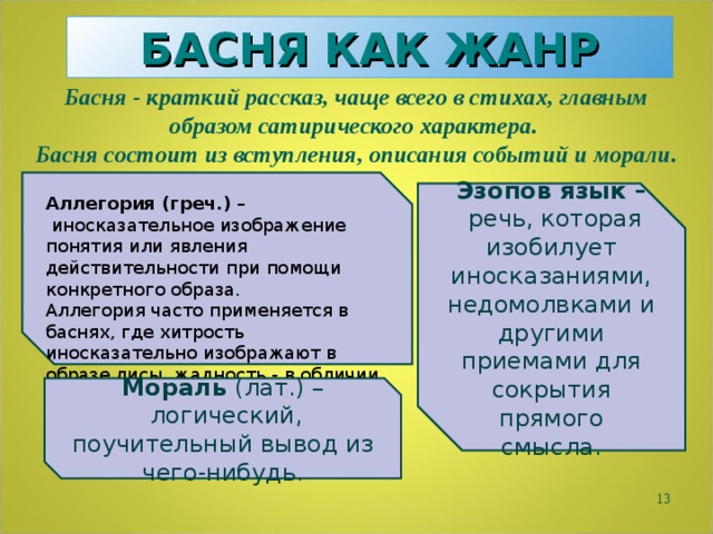 БАСНЯ КАК ЖАНР Басня - краткий рассказ, чаще всего в стихах, главным образом сатирического характера. Басня состоит из вступления, описания событий и морали. Аллегория (греч.) –  иносказательное изображение понятия или явления действительности при помощи конкретного образа. Аллегория часто применяется в баснях, где хитрость иносказательно изображают в образе лисы, жадность - в обличии волка, коварство - в виде змеи и т. д. Эзопов язык –  речь, которая изобилует иносказаниями, недомолвками и другими приемами для сокрытия прямого смысла. Мораль (лат.) –  логический, поучительный вывод из чего-нибудь.  