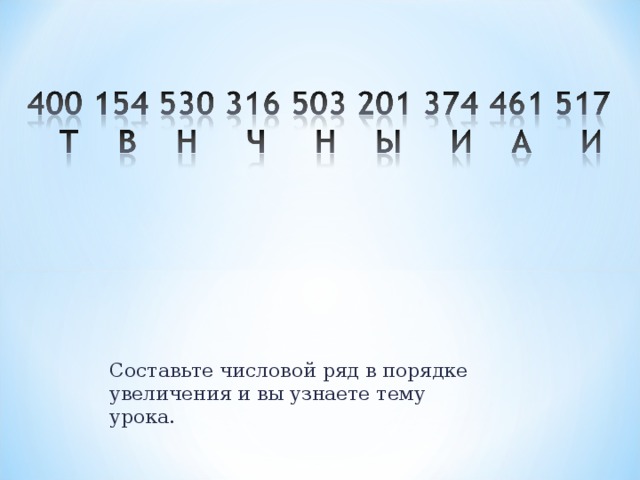 Составьте числовой ряд в порядке увеличения и вы узнаете тему урока. 