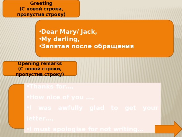 Greeting (С новой строки, пропустив строку) Dear Mary/ Jack, My darling, Запятая после обращения Opening remarks (С новой строки, пропустив строку) Thanks for…, How nice of you …, I was awfully glad to get your letter…, I must apologise for not writing…  