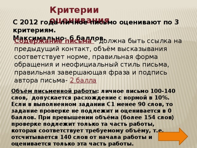 Критерии оценивания С 2012 года личное письмо оценивают по 3 критериям. Максимально- 6 баллов. Содержание письма - должна быть ссылка на предыдущий контакт, объём высказывания соответствует норме, правильная форма обращения и неофициальный стиль письма, правильная завершающая фраза и подпись автора письма- 2 балла Объём письменной работы : личное письмо 100-140 слов, допускается расхождение с нормой в 10%. Если в выполненном задании С1 менее 90 слов, то задание проверке не подлежит и оценивается в 0 баллов. При превышении объёма (более 154 слов) проверке подлежит только та часть работы, которая соответствует требуемому объёму, т.е. отсчитывается 140 слов от начала работы и оценивается только эта часть работы.  