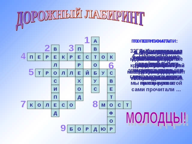 А ПО ГОРИЗОНТАЛИ: ПО ВЕРТИКАЛИ: В П В 7. У машины – есть, у телеги – есть, у велосипеда – есть, а у поезда – не счесть. 2. Этот конь не ест овса, вместо ног – два колеса. Сядь верхом и мчись на нем, только лучше правь рулем. 3. Где бы нам через дорогу к магазину перейти? Вот за этими ларьками, там, где стрелка у ворот, мы на стрелке этой сами прочитали … 5. Удивительный вагон! Посудите сами: рельсы в воздухе, а он держит их руками.  8. Через реку во всю ширь лёг огромный богатырь. 9. Специальный камень, отделяющий край тротуара от проезжей части. 1. Что за чудо этот дом! Окна светлые кругом. Носит обувь из резины, а питается бензином. 6. Я глазищами моргаю неустанно день и ночь. Я машинам помогаю и тебе хочу помочь. 4. Пересечение двух дорог. П Е Р Р С Т О К Е Е К Л О Р Л Й Б Е С О У Р Т Л В С Х У Е С О И Д П Т Т К Е О С М О О С Л Д Ф О Р Б Ю Д Р О 
