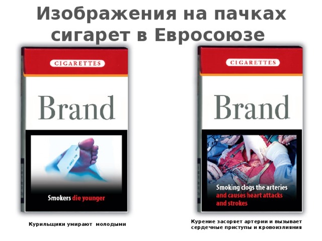 Изображения на пачках сигарет в Евросоюзе Курение засоряет артерии и вызывает сердечные приступы и кровоизлияния Курильщики умирают молодыми 