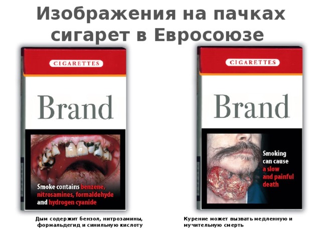 Изображения на пачках сигарет в Евросоюзе Курение может вызвать медленную и мучительную смерть Дым содержит бензол, нитрозамины,  формальдегид и синильную кислоту 