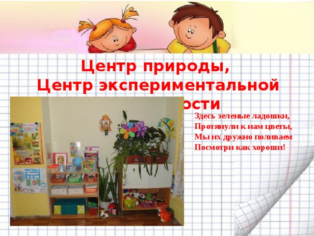 Центр природы, Центр экспериментальной деятельности Здесь зеленые ладошки, Протянули к нам цветы, Мы их дружно поливаем Посмотри как хороши! 