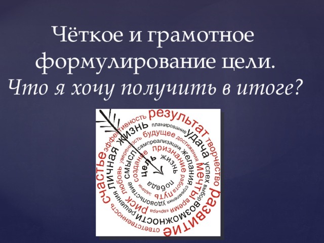 Чёткое и грамотное формулирование цели.  Что я хочу получить в итоге? 