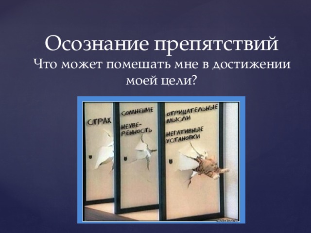 Осознание препятствий  Что может помешать мне в достижении моей цели? 