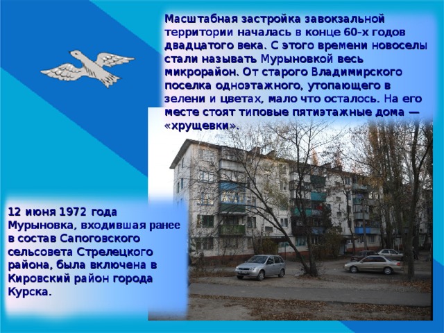 Масштабная застройка завокзальной территории началась в конце 60-х годов двадцатого века. С этого времени новоселы стали называть Мурыновкой весь микрорайон. От старого Владимирского поселка одноэтажного, утопающего в зелени и цветах, мало что осталось. На его месте стоят типовые пятиэтажные дома — «хрущевки». 12 июня 1972 года Мурыновка, входившая ранее в состав Сапоговского сельсовета Стрелецкого района, была включена в Кировский район города Курска. 