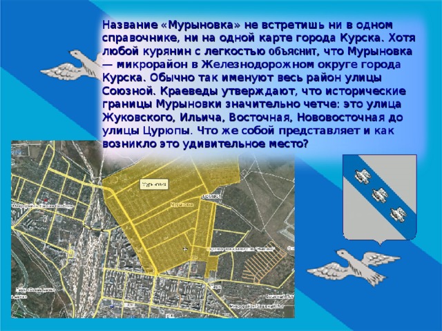 Название «Мурыновка» не встретишь ни в одном справочнике, ни на одной карте города Курска. Хотя любой курянин с легкостью объяснит , что Мурыновка — микрорайон в Железнодорожном округе города Курска. Обычно так именуют весь район улицы Союзной. Краеведы утверждают, что исторические границы Мурыновки значительно четче: это улица Жуковского, Ильича, Восточная, Нововосточная до улицы Цурюпы. Что же собой представляет и как возникло это удивительное место? 