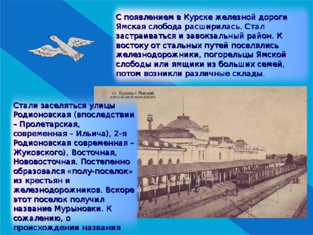 С появлением в Курске железной дороги Ямская слобода расширилась. Стал застраиваться и завокзальный район. К востоку от стальных путей поселялись железнодорожники, погорельцы Ямской слободы или ямщики из больших семей, потом возникли различные склады.  Стали заселяться улицы Родионовская (впоследствии – Пролетарская, современная – Ильича), 2-я Родионовская  современная – Жуковского),  Восточная, Нововосточная. Постепенно образовался «полу-поселок» из крестьян и железнодорожников. Вскоре этот поселок получил название Мурыновки. К сожалению, о происхождении названия ничего не известно. 