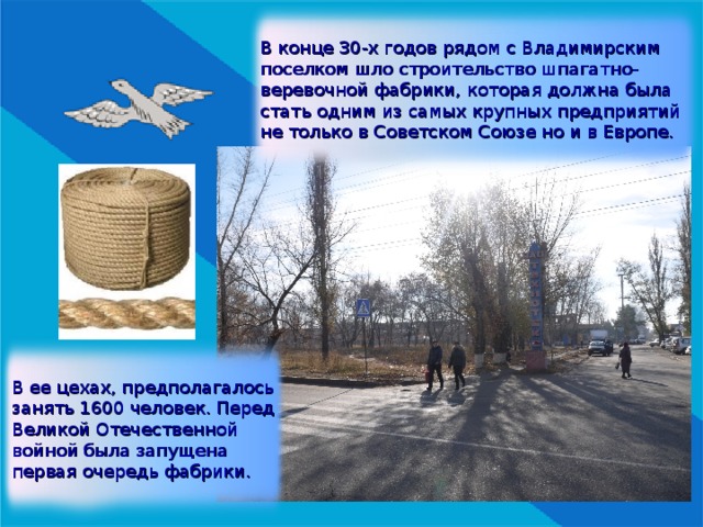 В конце 30-х годов рядом с Владимирским поселком шло строительство шпагатно-веревочной фабрики, которая должна была стать одним из самых крупных предприятий не только в Советском Союзе но и в Европе. В ее цехах, предполагалось занять 1600 человек. Перед Великой Отечественной войной была запущена первая очередь фабрики. 