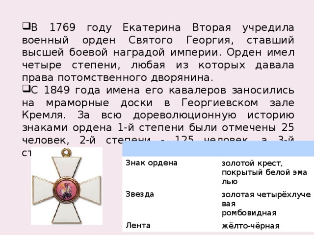 В 1769 году Екатерина Вторая учредила военный орден Святого Георгия, ставший высшей боевой наградой империи. Орден имел четыре степени, любая из которых давала права потомственного дворянина. С 1849 года имена его кавалеров заносились на мраморные доски в Георгиевском зале Кремля. За всю дореволюционную историю знаками ордена 1-й степени были отмечены 25 человек, 2-й степени - 125 человек, а 3-й степени - 650. Знак ордена Звезда золотой крест, покрытый белой эмалью золотая четырёхлучевая Лента ромбовидная жёлто-чёрная 