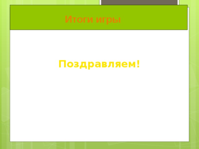 Итоги игры Поздравляем!