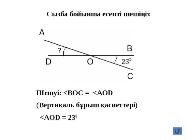 Сызба бойынша есепті шешіңіз Шешуі:  (Вертикаль бұрыш қасиеттері)   0  
