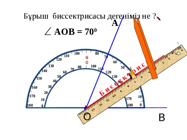 Б и с с е к т р и с а I IIII I IIII I IIII I IIII I IIII I IIII I IIII I IIII I IIII I IIII I IIII I IIII I IIII I IIII I IIII I IIII I IIII I IIII I IIII I IIII I IIII I IIII I IIII I IIII I IIII I IIII I IIII I IIII I IIII I IIII I IIII I IIII I IIII I IIII I 0 1 2 3 4 5 6 7 8 9 10 11 12 13 14 15 16 17 Бұрыш биссектрисасы дегеніміз не ? А АOB = 70 0 100 80 110 70 90 120 60 130 100 80 50 110 70 140 120 60 40 50 130 150 40 30 140 30 160 150 20 160 20 170 10 170 10 0 180  180 0 O B 