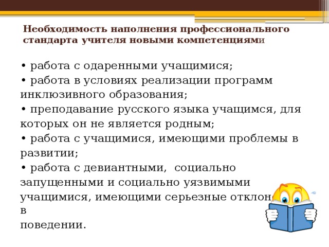  Необходимость наполнения профессионального  стандарта учителя новыми компетенциям и   • работа с одаренными учащимися; • работа в условиях реализации программ инклюзивного образования; • преподавание русского языка учащимся, для которых он не является родным; • работа с учащимися, имеющими проблемы в развитии; • работа с девиантными, социально запущенными и социально уязвимыми учащимися, имеющими серьезные отклонения в поведении. 