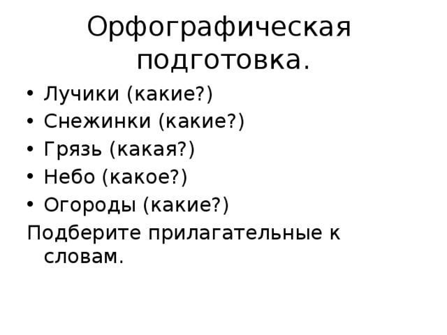 Орфографическая подготовка. Лучики (какие?) Снежинки (какие?) Грязь (какая?) Небо (какое?) Огороды (какие?) Подберите прилагательные к словам. 