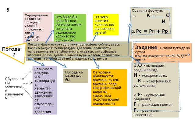 5 Объясни формулы:  1. К =  О    И  2. Рс = Р П + Рр  Формирование различных погодных условий определяют три основных фактора: От чего зависит количество солнечного тепла? Что было бы если бы все регионы земли получали одинаковое количество солнечной энергии? Погода- физическое состояние тропосферы сейчас, здесь. Характеризуют: температура, давление, влажность, направление ветра, облачность, осадков, атмосферные явления (гроза, туман, пыльная буря, метель; оптические явления – голубой цвет неба, радуга, гало, венцы. Задание. Опиши погоду за сутки. Как ты думаешь, какой будет зима? Погода  ? 1.О - выпавшие осадки за год, И - испаряемость,  К - коэффициент увлажнения. 2. Р с – суммарная радиация, Р п – радиация прямая, Р р – радиация рассеянная Влажность воздуха, его температура, Характер движения , зависящий от атмосферного давления Погода не менялась бы От уровня облачности, времени суток, времени года, географической широты, характера подстилающей поверхности Обусловлены солнечным излучением 