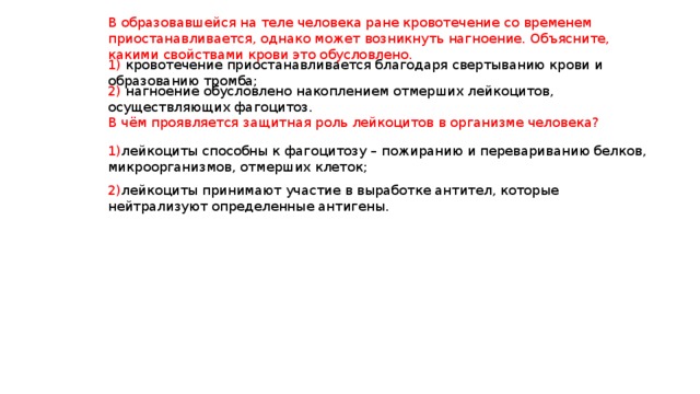 В образовавшейся на теле человека ране кровотечение со временем приостанавливается, однако может возникнуть нагноение. Объясните, какими свойствами крови это обусловлено. 1) кровотечение приостанавливается благодаря свертыванию крови и образованию тромба; 2) нагноение обусловлено накоплением отмерших лейкоцитов, осуществляющих фагоцитоз. В чём проявляется защитная роль лейкоцитов в организме человека? 1) лейкоциты способны к фагоцитозу – пожиранию и перевариванию белков, микроорганизмов, отмерших клеток; 2) лейкоциты принимают участие в выработке антител, которые нейтрализуют определенные антигены. 