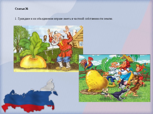 Статья 36  1. Граждане и их объединения вправе иметь в частной собственности землю.  
