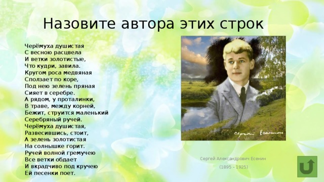 Назовите автора этих строк Черёмуха душистая  С весною расцвела  И ветки золотистые,  Что кудри, завила.  Кругом роса медвяная  Сползает по коре,  Под нею зелень пряная  Сияет в серебре.  А рядом, у проталинки,  В траве, между корней,  Бежит, струится маленький  Серебряный ручей.  Черёмуха душистая,  Развесившись, стоит,  А зелень золотистая  На солнышке горит.  Ручей волной гремучею  Все ветки обдает  И вкрадчиво под кручею  Ей песенки поет. Сергей Александрович Есенин (1895 – 1925) 