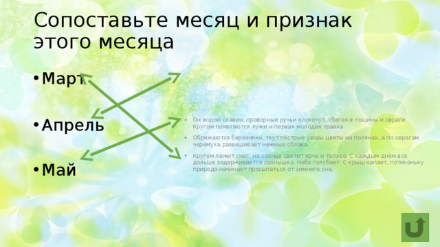 Сопоставьте месяц и признак этого месяца Март Он водою славен, проворные ручьи клокочут, сбегая в лощины и овраги. Кругом появляются лужи и первая молодая травка Обряжаются березняки, ткут пёстрые узоры цветы на полянах, а по оврагам черёмуха развешивает нежные облака. Кругом лежит снег, но солнце светит ярче и теплее. С каждым днём всё дольше задерживается солнышко. Небо голубеет. С крыш капает, потихоньку природа начинает просыпаться от зимнего сна. Апрель Май 